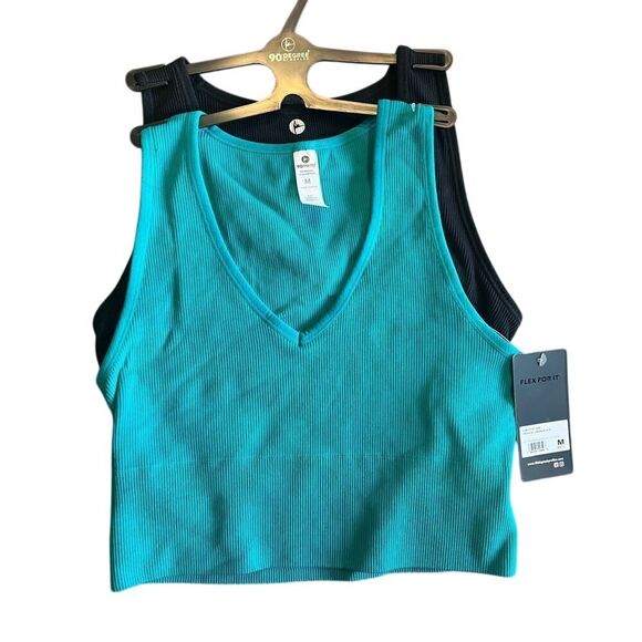 Ribbed V-Neck Crop Tank Top Bundle in Turquoise‎ and Black - Size M A59 - Picture 1 of 5